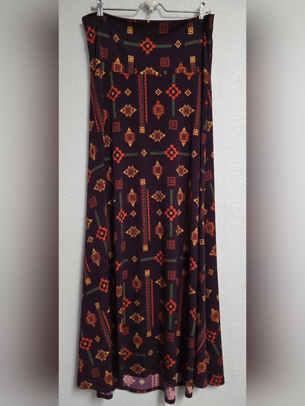 LuLaRoe Plum Aztec Print Top with Orange & Yellow Accents